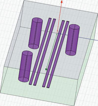 Figure 5. Two differential line pairs are led between two vias. The conductive paths of each pair are not influenced symmetrically by the stray capacitance of the via. The differential pair which is led past the front via in contrast to the pair which is further away is not symmetrically influenced from the 
single via